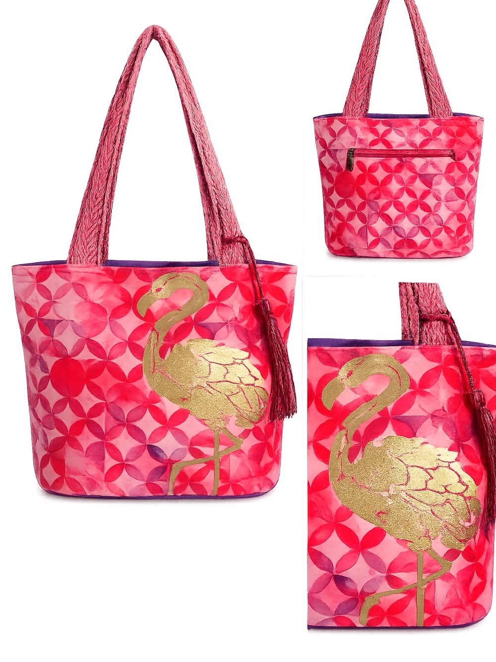 Ruby Rox Pink Floral Gold Flamingo Tote Beach Bag